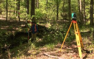 A worker performs an assessment surrounded by trees and brush.